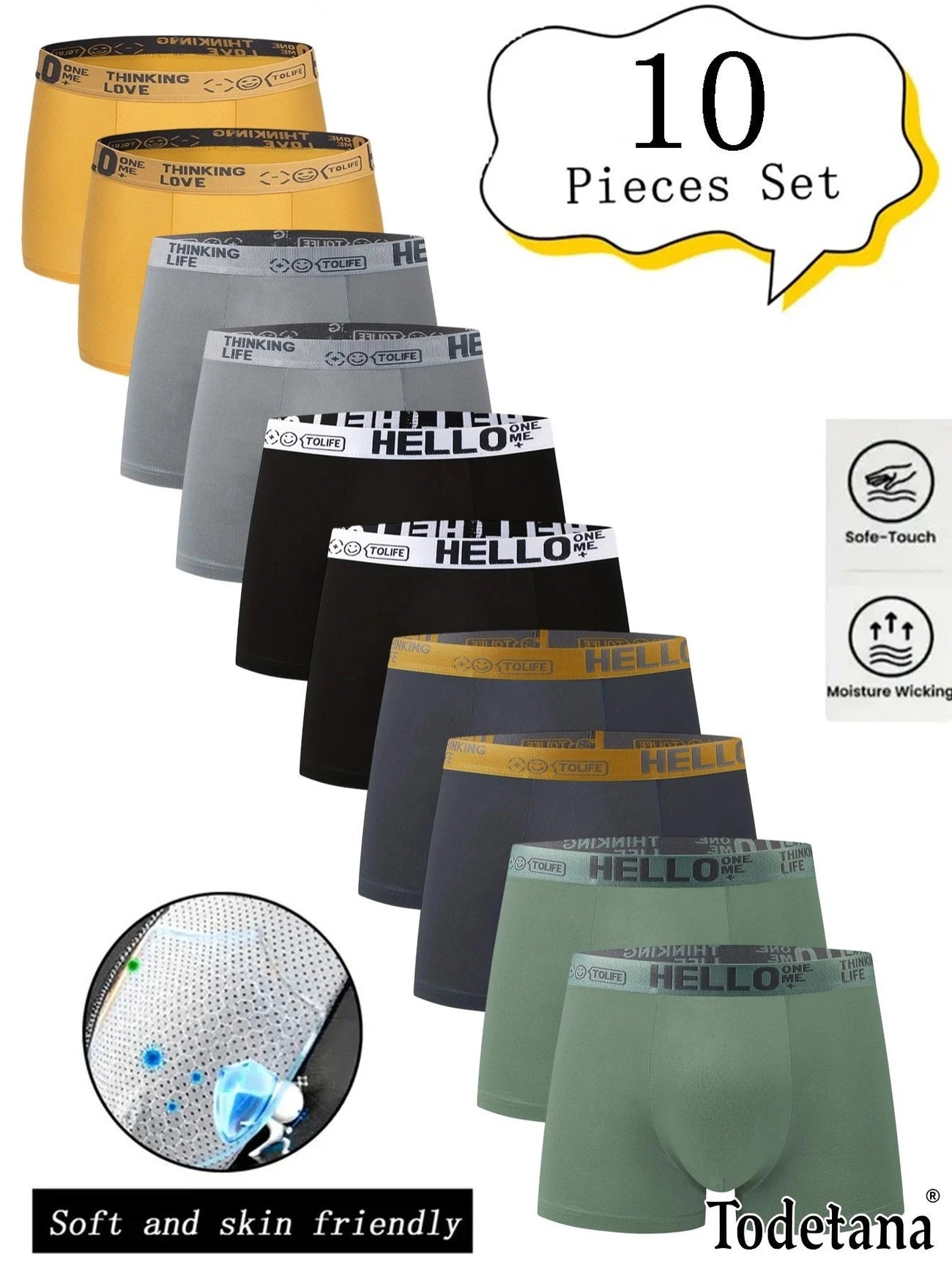 10pcs Men's Soft Stretch Boxer Briefs with "HELLO" Waistband - Breathable Polyester Blend,