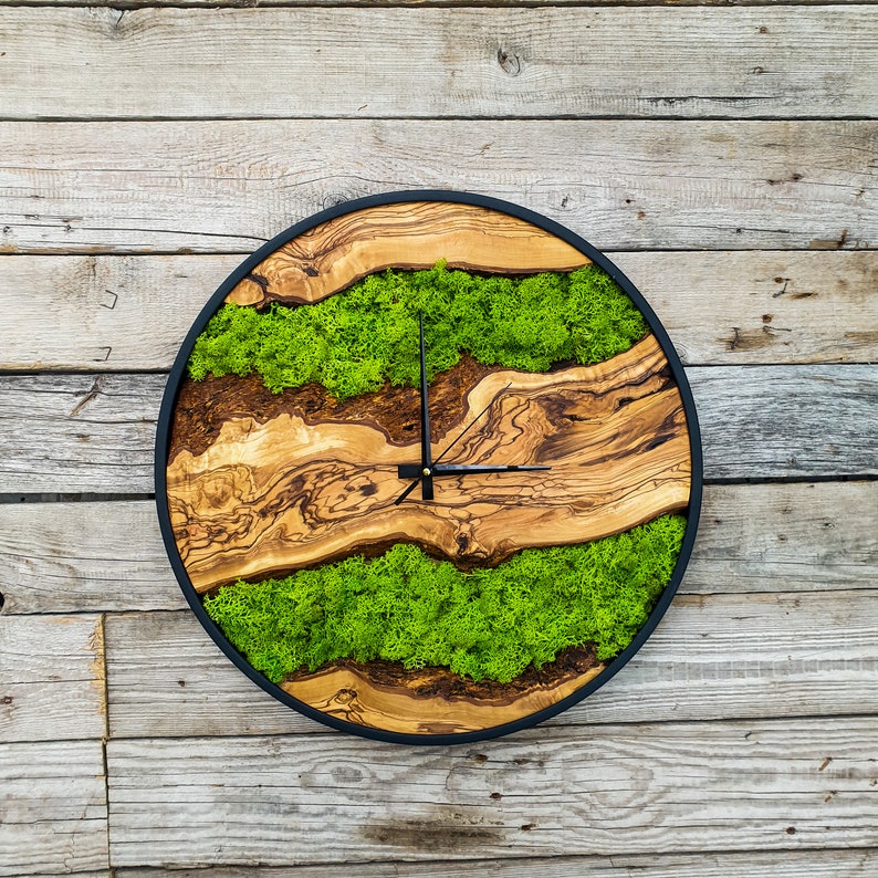 Wood Wall Clock with Moss Art