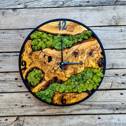 Wood Wall Clock with Moss Art