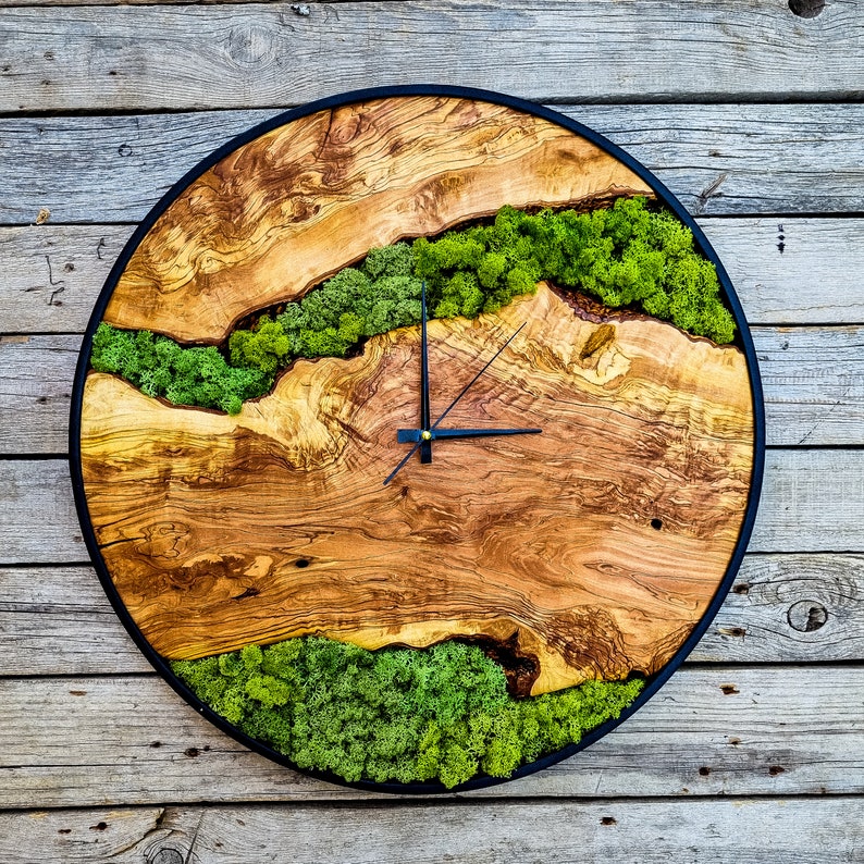 Wood Wall Clock with Moss Art
