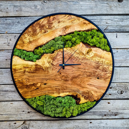 Wood Wall Clock with Moss Art
