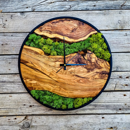 Wood Wall Clock with Moss Art