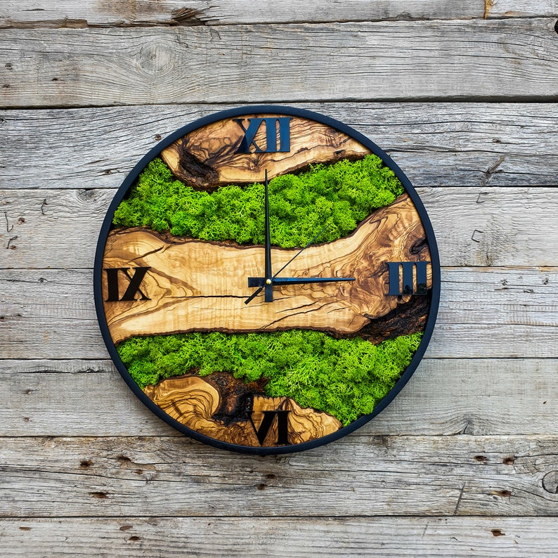 Wood Wall Clock with Moss Art