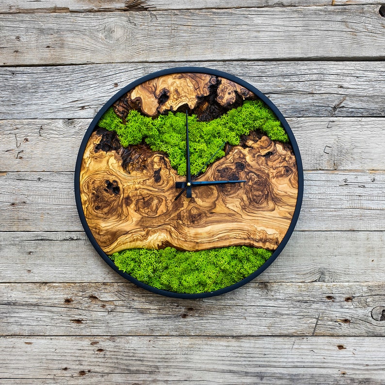 Wood Wall Clock with Moss Art