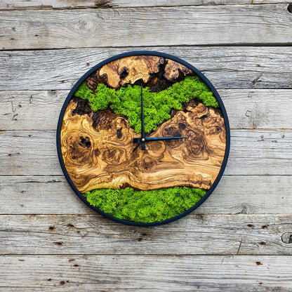 Wood Wall Clock with Moss Art