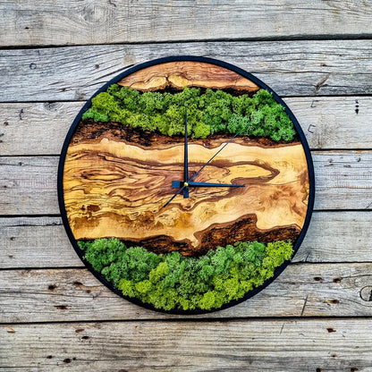Wood Wall Clock with Moss Art