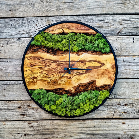 Wood Wall Clock with Moss Art