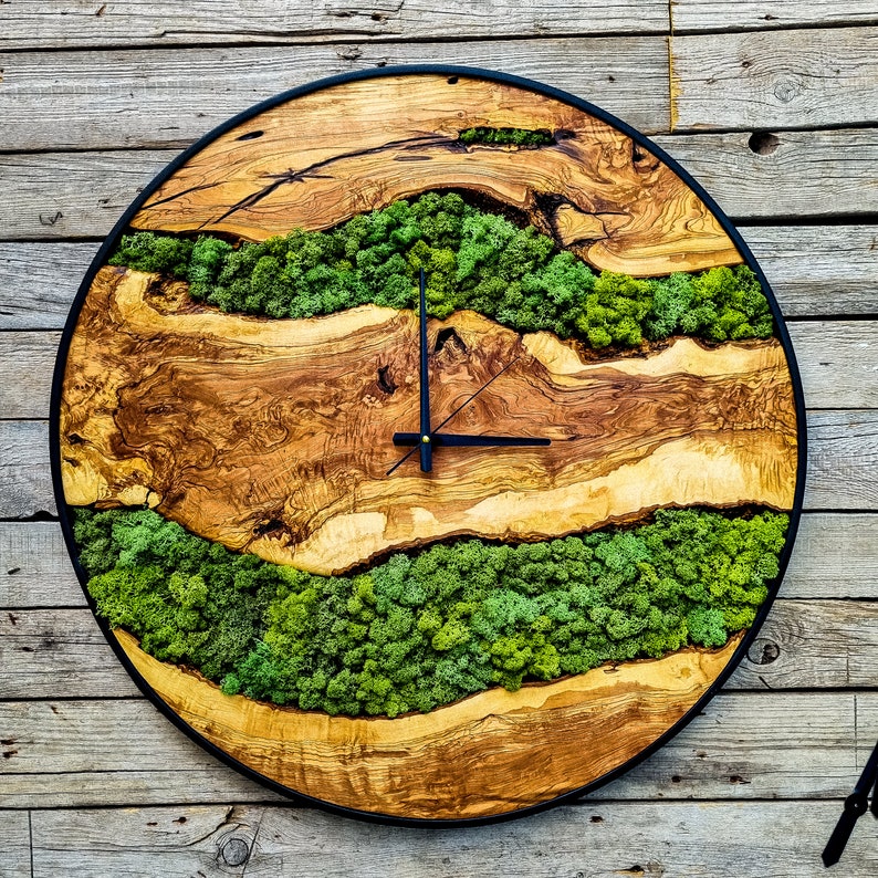 Wood Wall Clock with Moss Art