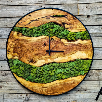 Wood Wall Clock with Moss Art