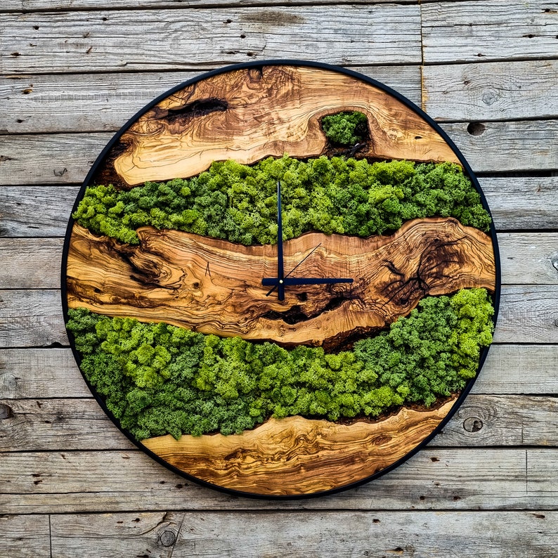 Wood Wall Clock with Moss Art
