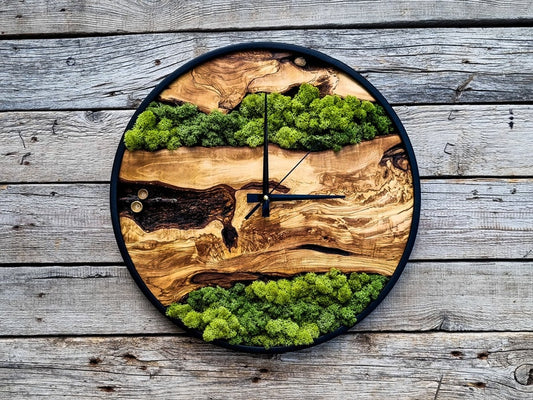 Wood Wall Clock with Moss Art